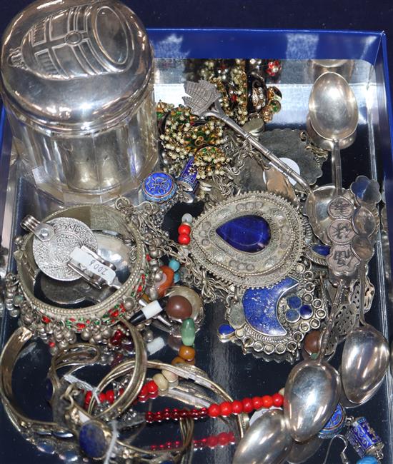 Assorted jewellery including necklaces, bangles, earrings etc. and five Chinese white metal teaspoons & a toilet jar.